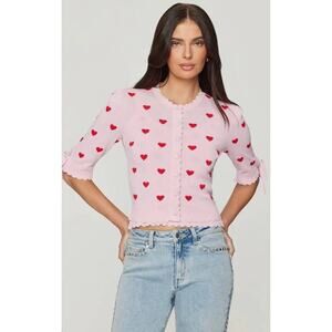 Generation Love Tess Hearts Intarsia Cardigan in Pink Red XS